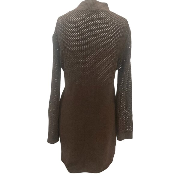 Zara Chocolate Brown Knit Sweater Dress Pointelle Balloon Sleeve Mini Size L - Picture 6 of 11